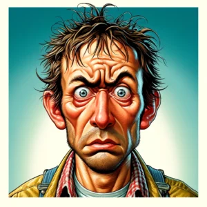 UK Ag Directory A vivid and detailed square headshot illustration in the style of Mad Magazine depicting a troubled UK farmer. The farmer should have exaggerated, car
